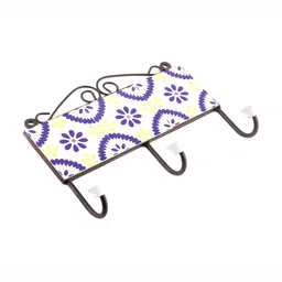 Indianshelf Blue & White Printed Metal Wall 3 Hooks Key Holder-image-52