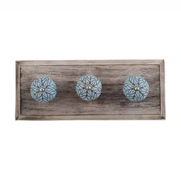 Indianshelf Turquoise Blue & Brown Floral Wooden Wall 3 Hooks Key Holder-image-67