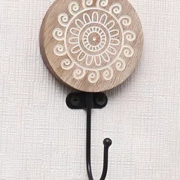 Indianshelf Brown & White Floral Printed Round Shape Wooden Key Holder-image-80