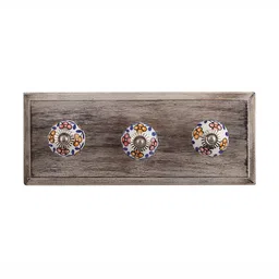 Indianshelf Brown & White Floral Wood Wall 3 Hooks Key Holder-image-57