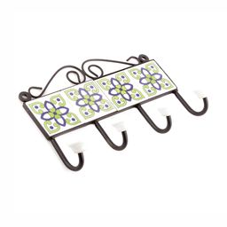 Indianshelf White & Green Printed Ceramic 4-Hooks Wall Key Holder-35