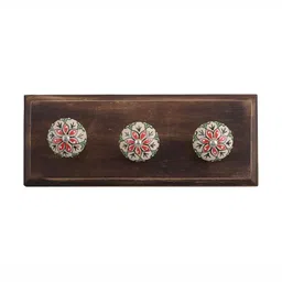 Indianshelf Red & Brown Floral Printed Wooden Wall 3 Hooks Key Holder-image-79