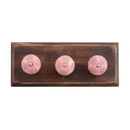 Indianshelf Brown & Pink Floral Etched Wooden Wall Hooks Key Holder-image-47