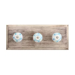 Indianshelf Blue & White Dot Printed Crackle Melon Rectangle Shape Wooden Wall Hook-12