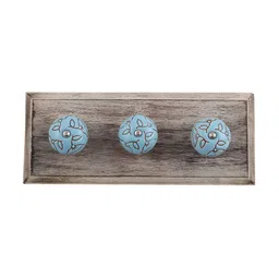 Indianshelf Beige & Turquoise Blue Floral Etched Melon Rectangle Shape Wooden Key Holder-26