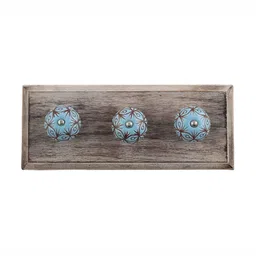 Indianshelf Turquoise Blue & Brown Etched Floral Wooden Wall Hooks-image-57