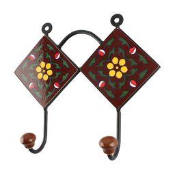 Indianshelf Yellow & Brown Floral Printed Rectangle Shape Ceramic Tile Wall Hook-image-13