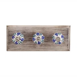 Indianshelf White & Blue Floral Design Wooden Wall Hook-image-83