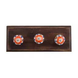 Indianshelf Orange & Brown Floral Printed Wooden Wall 3 Hooks Key Holder-image-80