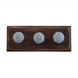 Indianshelf Turquoise Blue & Brown Floral Printed Wooden Wall 3 Hooks Key Holder-image-82