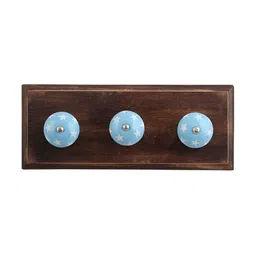 Indianshelf Brown & Blue Star Print Wood 3-Hooks Wall Key Holder-18
