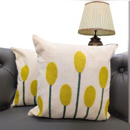 Good Vibes Cream-Coloured & Yellow Set of 2 Embroidered Square Cushion Covers image 1