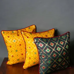 RoyalDeco Yellow & Navy Blue 3 Pieces Ethnic Motifs Brocade Square Cushion Covers-image-93