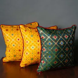 RoyalDeco Yellow & Green 3 Pieces Ethnic Motifs Brocade Square Cushion Covers-image-91