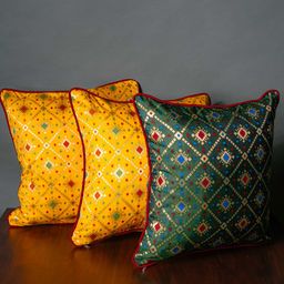 RoyalDeco Yellow & Green 3 Pcs Ehinic Motifs Brocade Square cushion Covers-0