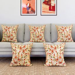 Kuber Industries Cream & Red 5 Pieces Floral Embroidery Square Cushion Covers-29