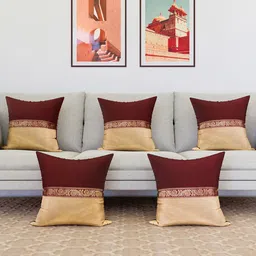 Kuber Industries Maroon & Gold Toned 5 Pieces Center Lace Square Cushion Covers-image-41