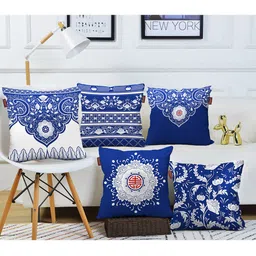 AEROHAVEN Navy Blue & White Set of 5 Printed Square Cushion Covers-26