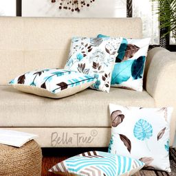 BELLA TRUE Blue & White Set of 5 Floral Velvet Square Cushion Covers-43