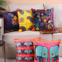 STITCHNEST Blue & Pink 5 Pieces Ethnic Motifs Printed Velvet Square Cushion Covers-image-37