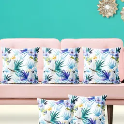 ArtzFolio White & Blue 5 Pieces Floral Printed Square Cushion Covers-picture-54