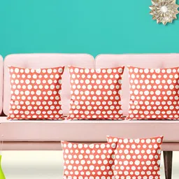 ArtzFolio Peach Coloured & White 5 Pieces Polka Dots Square Cushion Covers-50