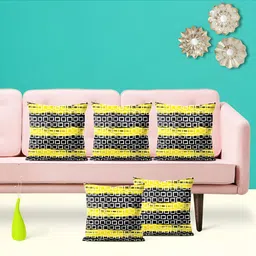 ArtzFolio Black & Yellow 5 Pieces Geometric Square Cushion Covers-image-99