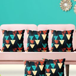ArtzFolio Black & Red 5 Pieces Geometric Velvet Square Cushion Covers-19