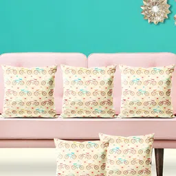 ArtzFolio Beige & blue 5 Pieces Self Design Printed Square Cushion Covers-image-7