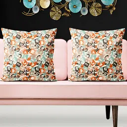 ArtzFolio Cream & Orange 5 Pieces Printed Square Cushion Covers-8