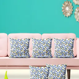ArtzFolio white & Blue 5 Pieces Floral Square Cushion Covers-42