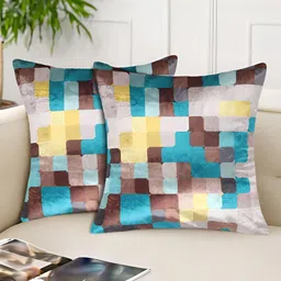 Tesmare Brown & Teal 2 Pieces Checked Velvet Square Cushion Covers-image-89