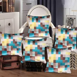 Tesmare 5 Pcs Brown & Teal Green Checked Velvet Square Cushion Covers-5