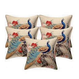 JDX Adults Beige & Blue Set of 5 Peacock print Square Cushion Covers-image-77