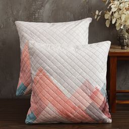 Soumya Peach-Coloured & White 2 Pieces Printed Quilted Square Velvet Cushion Covers-46