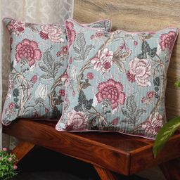Clasiko Blue & Pink Set of 2 Floral Cotton Square Cushion Covers-18