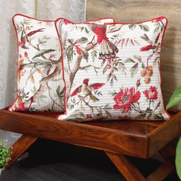 Clasiko White & Red Set of 2 Floral Cotton Square Cushion Covers-27