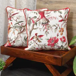 Clasiko White & Red Set of 2 Floral Cotton Square Cushion Covers-18