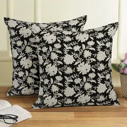 eyda 2 Pcs Black & Cream-Coloured Floral Cotton Square Cushion Covers-36
