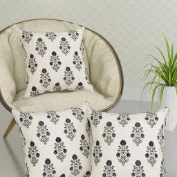 Trance Home Linen White & Blue 3 Pcs Floral Printed Cotton Square Cushion Covers-image-21