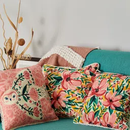 Chumbak Pink & Green Set of 3 Floral Square Cushion Covers-28