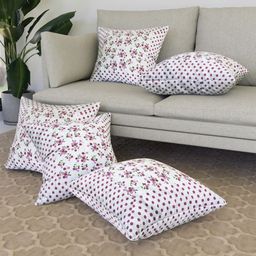 Kuber Industries White & Pink 5Pieces Floral Cotton Square Cushion Covers-image-96