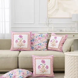 BLOCKS OF INDIA Purple & White 5 Pieces Floral Square Cushion Covers-35