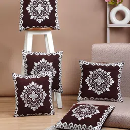 ERIC LONDON Brown & White 5 Pieces Self Design Square Cushion Covers-image-68