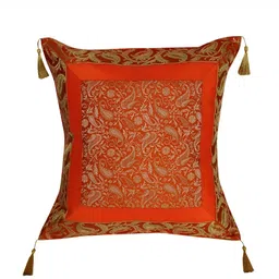 Lal Haveli Orange & Gold Toned Ethnic Motifs Square Cushion Cover-image-74