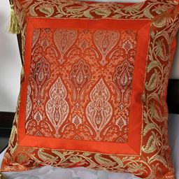 Lal Haveli Orange  & Gold Toned Ethnic Motifs Square Cushion Cover-image-78