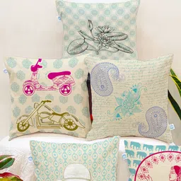 STITCHNEST Set Of 5 Teal & White Ethnic Motifs Square Cushion Covers-24