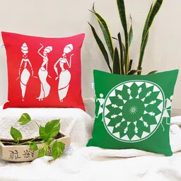 STITCHNEST Yellow & Red Set of 2 Ethnic Motifs Square Cushion Covers-23