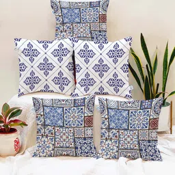 STITCHNEST Blue & White Set of 5 Ethnic Motifs Square Cushion Covers-image-42