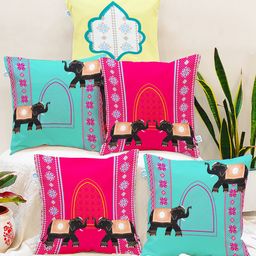 STITCHNEST Pink & Blue Set of 5 Ethnic Motifs Square Cushion Covers-58